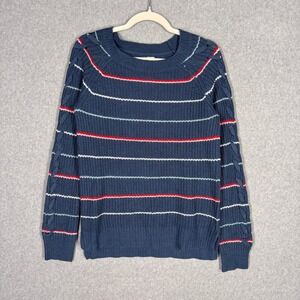 SO Heritage Striped Lace Up Sleeve Sweater Medium Blue Red Retro Grunge Grandpa